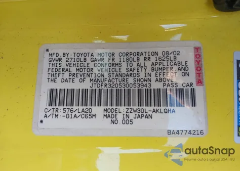 2003 Toyota Mr2 Spyder z USA, uszkodzony, nr VIN JTDFR320530053943